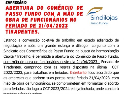 Abertura do comércio no feriado de Tiradentes